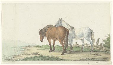 A brown and white horse on a road next to a fence, 1802. Creator: Jean Bernard.