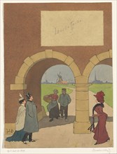 Design with pedestrians at a gatehouse, 1868-1940. Creator: Johan Coenraad Braakensiek.