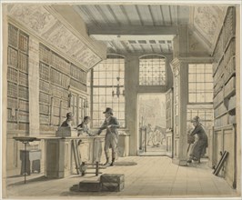 The Shop of the Bookdealer Pieter Meijer Warnars on the Vijgendam in Amsterdam, 1820 or earlier.  Creator: Johannes Jelgerhuis.