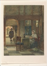 Woman peeling apples, and a man in the hallway, 1831-1892.  Creator: Johannes Anthonie Balthasar Stroebel.