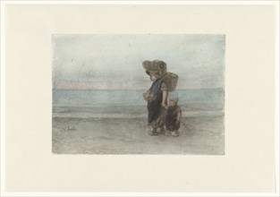 Woman with child, walking on the beach, 1834-1892. Creator: Jozef Israels.