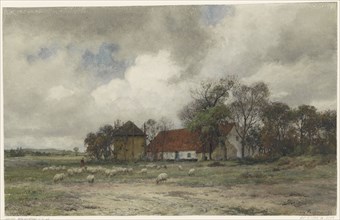 Landscape with farm and shepherd with sheep, 1872. Creator: Julius Jacobus van de Sande Bakhuyzen.