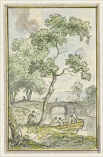 Landscape with a boat, 1752-1819. Creators: Juriaan Andriessen, Isaac de Moucheron.