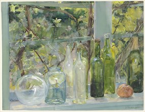 Windowsill with Bottles, a Glass Globe and an Apple, c.1892. Creator: Menso Kamerlingh Onnes.
