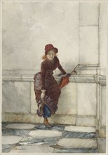 Standing young woman, leaning against wall, 1869-1892. Creator: Pieter Haaxman.