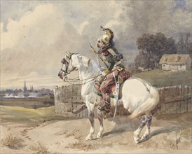 French dragoon on a white horse, 1825-1875. Creator: Théodore Fort.