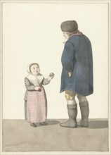 Girl with ball standing in front of a man, 1700-1800. Creator: W. Barthautz.