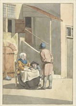 Boy and woman with child outside a house, 1700-1800. Creator: W. Barthautz.