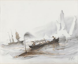 Whales by an ice floe, 1830-1860.  Creator: Albertus van Beest.