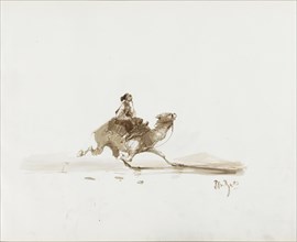 Man on a running camel in a desert landscape, 1830-1860. Creator: Albertus van Beest.