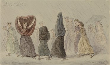 Factory girls in a rain shower, c.1854-c.1887. Creator: Alexander Ver Huell.
