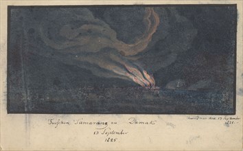 Fire in a landscape in Central Java, 1825, (1825).  Creator: Anon.
