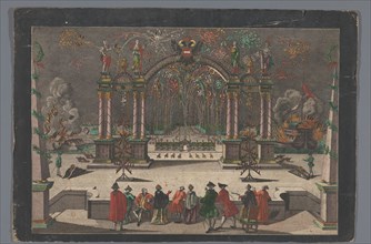 View of fireworks and a triumphal arch with a two-headed eagle and the name of Joseph..., 1765-1799 Creator: Anon.