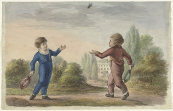 Two boys play badminton, 1700-1800. Creator: Anon.