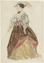 Woman in riding dress, with feathered hat, gloves, and whip in hand, 1866. Creator: Charles Rochussen.
