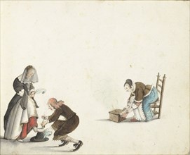 Gentleman ties a lady's shoe and a woman puts fire in a stove, c.1650. Creator: Gesina ter Borch.