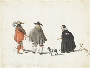 Woman in black, accompanied by two dogs, talking with two gentlemen, 1654-1655. Creator: Gesina ter Borch.