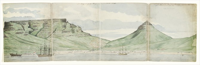 Table Mountain and Cape Town seen from the sea, 1787. Creator: Jan Brandes.