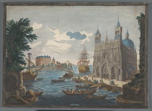 View of a Gothic Cathedral on the Water, 1760. Creator: Jean Moyreau.