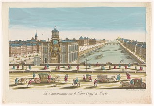 View of the Samaritaine water pump on the Pont Neuf over the River Seine in Paris, 1745-1775. Creator: Anon.