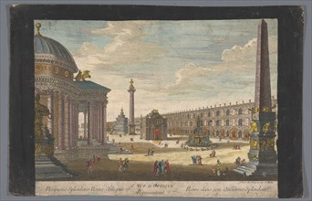 View of an obelisk, a triumphal arch, a column and other structures in Rome, 1745-1775. Creator: Anon.