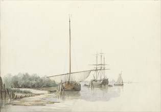 Sailing ships at anchor by a riverbank, 1797-1838.  Creator: Johannes Christiaan Schotel.