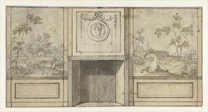 Design for room wall with fireplace in grey with medallion, c.1752-c.1819. Creator: Juriaan Andriessen.