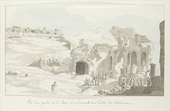 View of part of the stage and wall behind at Taormina theater, 1778. Creator: Louis Ducros.