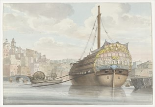 View of harbour with galleon near the wharf, 1778. Creator: Louis Ducros.