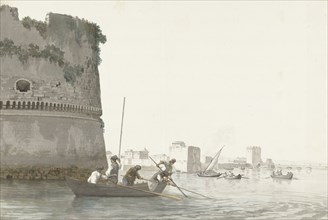 Mussel fishermen on Mar Piccolo near the fortifications of Taranto, 1778. Creator: Louis Ducros.