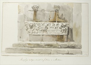 Old sarcophagus used as a fountain in Messina, 1778. Creator: Louis Ducros.