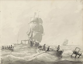 Seascape with sailing ships, a steamship and a rowing boat, c.1825-c.1875. Creator: Circle of Petrus Johannes Schotel.