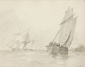 Sailing ships near a port, c.1825-c.1875.  Creator: Circle of Petrus Johannes Schotel.