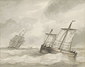 Sailing ships on a turbulent sea, c.1825-c.1875. Creator: Circle of Petrus Johannes Schotel.