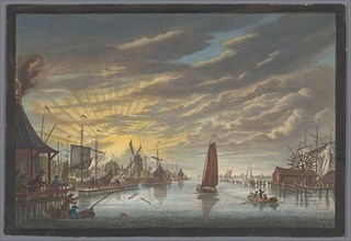 View of the old marina in Amsterdam, seen towards the Bolwerk Leeuwenburg or Blauwhoofd, 1753-1799. Creator: Simon Fokke.