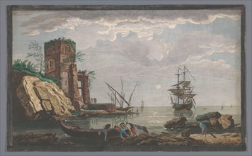 View off the coast in the vicinity of the city of Toulon by Moonlight, 1733-1797. Creators: Pierre François Basan   , Jean Francois Feradiny, Anon.