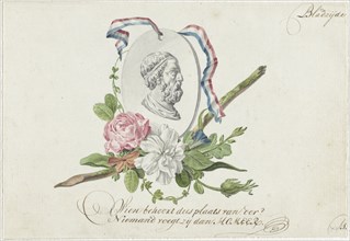 Vignette with flowers, portrait medallion of Homer and ribbon, 1782. Creator: Willem Bilderdijk.