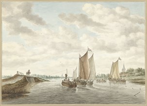 River landscape with various barges, 1741-1820. Creator: Abraham Delfos.