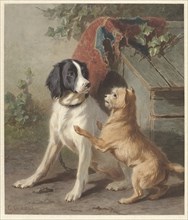 Two dogs by a kennel, 1838-1895. Creator: Conradyn Cunaeus.
