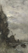 Landscape with a windmill by moonlight, 1847-1899. Creator: Jacob Henricus Maris.