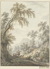 Landscape with a waterfall and a castle in the distance, 1769. Creator: Johann Heinrich Muntz.