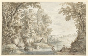 Two Anglers in a Wooded Landscape with a Waterfall, 1628. Creator: Maerten de Cock.