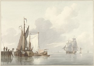 River view with moored ships, 1780-1848. Creator: Martinus Schouman.