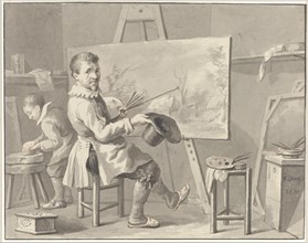 Portrait of Joost Corneliszn. Droochsloot in his studio sitting behind an easel with..., 1780-1848. Creator: Martinus Schouman.