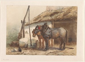 Two horses standing in front of a stable, 1851-1921. Creator: Wouter Verschuur.