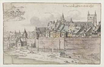 View of the Walls of Maastricht with the Onze-Lieve-Vrouwekerk in the background, 1670. Creator: Josua de Grave.