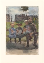 A Man with Three Girls on a Bench in the Oosterpark in Amsterdam, c.1886-c.1904. Creator: Isaac Lazerus Israels.