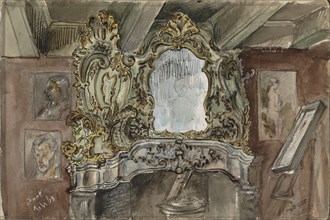 Fireplace with ornamental mirror in an interior, 1863. Creator: Isaac Gosschalk.