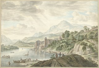 Hilly landscape with a castle on a river, 1795. Creator: Abraham Delfos.