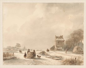 Winter landscape with sleigh and iceskaters, 1797-1870. Creator: Andreas Schelfhout.